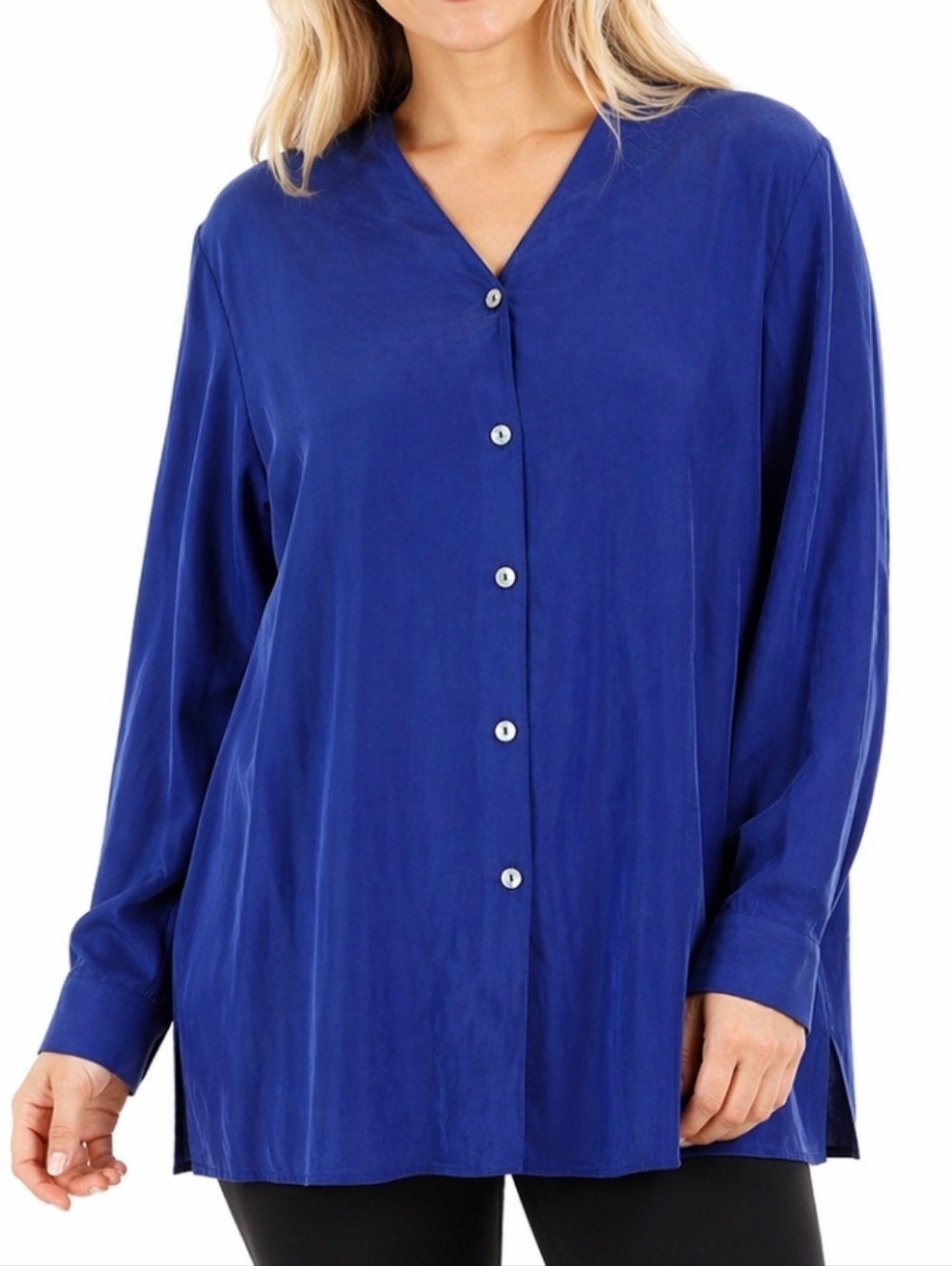 NWT Real Clothes Saks Fifth Avenue 100% Silk Purple V Neck Button Down B…